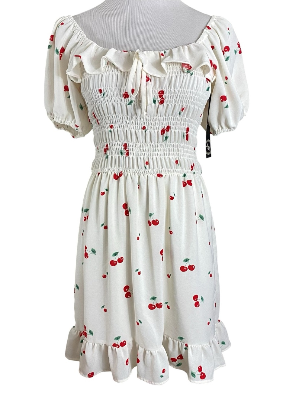 Liberty Love Teens Dress Sz L Ivory Red Cherry Print Mini Baby Doll Cottagecore
